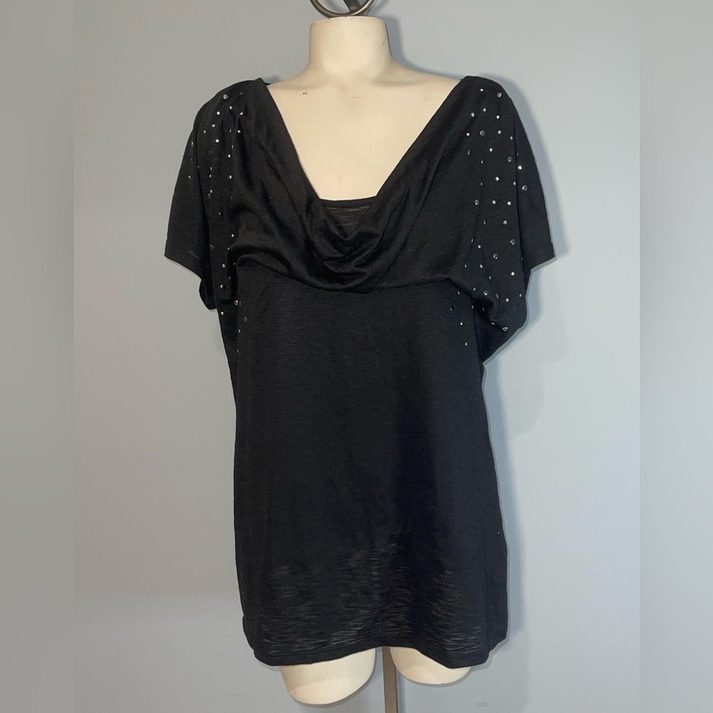 Hybrid black cowl neck top blouse short sleeve shirt bedazzled sleeved XXL